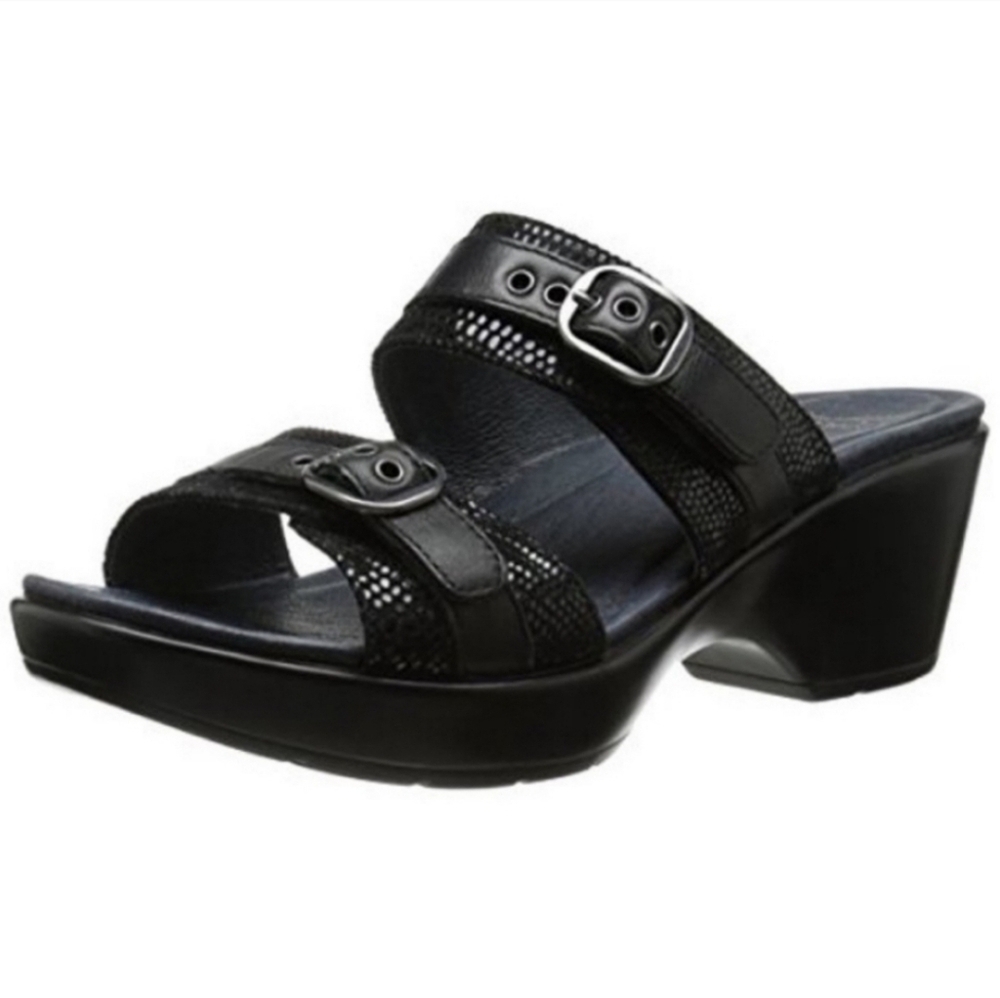 Dansko Jessie‎ Black Lizard Leather 2 Strap Strappy Buckle Heeled Sandals 38